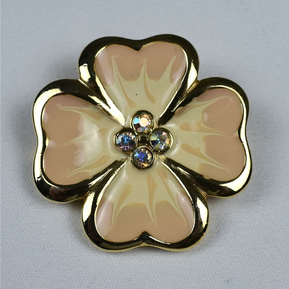 Vintage TC Signed Gold Tone Cream Enamel Rhinestone Dogwood Flower Brooch Pin